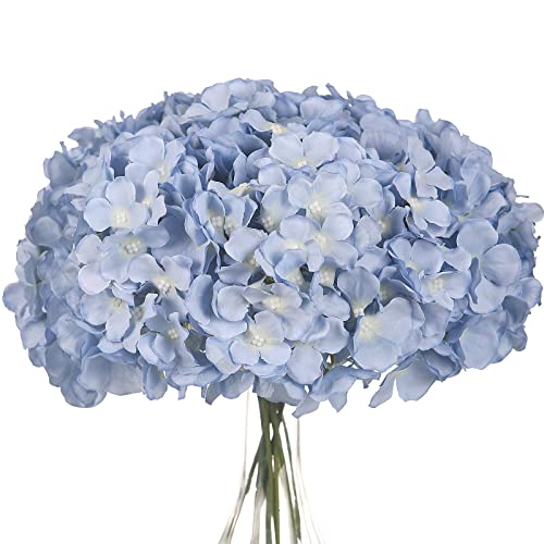 Review de Tiendas de flores artificiales tabla con los diez mejores. 27 LUSHIDI 10 flores de hortensia artificiales, flores de seda de hortensia falsas con tallos para boda, hogar, fiesta, tienda, decoración de baby shower, color azul claro