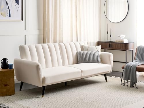 Divano Letto 3 Posti In Tessuto Beige Chiaro Tappezzeria Elegante Glam Moderno Soggiorno Camera Da Letto - 2