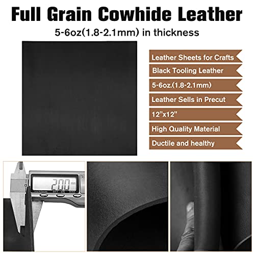 Black Leather Sheets For Crafts Tooling Leather Square 1.8-2.1Mm Thick Full Grain Leather Pieces Genuine Cowhide Leather For Crafts Sewing Hobby Workshop 12"X12" #TOP1