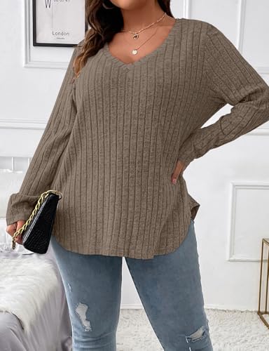 Image of Koscacy Women Plus Size Casual Knit Sweater V Neck Solid Color Tops Lightweight Long Sleeve Blouses