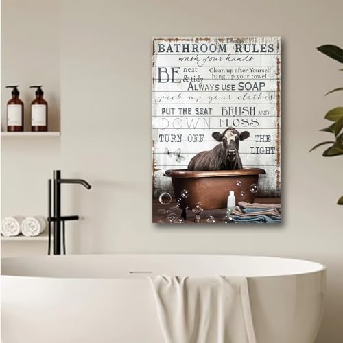 Image of Cow Bathroom Canvas Wall Decor Rustic Bathroom Rules Prints Sign Wall Art Black And White Cow In The Bathtub Pictures Wall Decor Poster Funny Cow Wall Art Humor Animals Artwork Prints 16x24in No frame