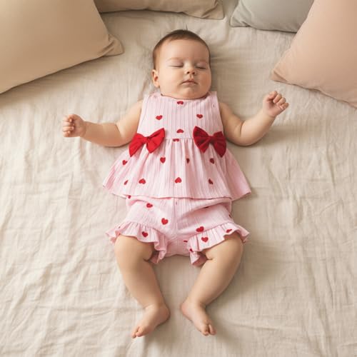 Kupretty Toddler Baby Girl Valentines Day Outfit Heart Sleeveless Ruffle Vest Tank Tops + Ruffled Shorts Set Summer Clothes (Pink Red, 18-24 Months)