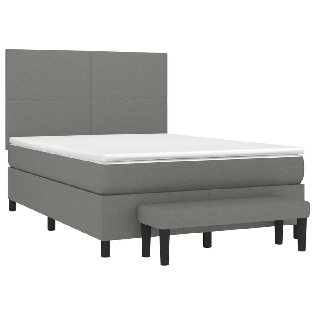 Sprężynowy z regulowanym zagłówkiem kontynentalne 140x190 cm szary | Łóżko kontynentalne z materacem kieszeniowym 140x190 cm ciemnoszara tkanina z zagłówkiem i ławką