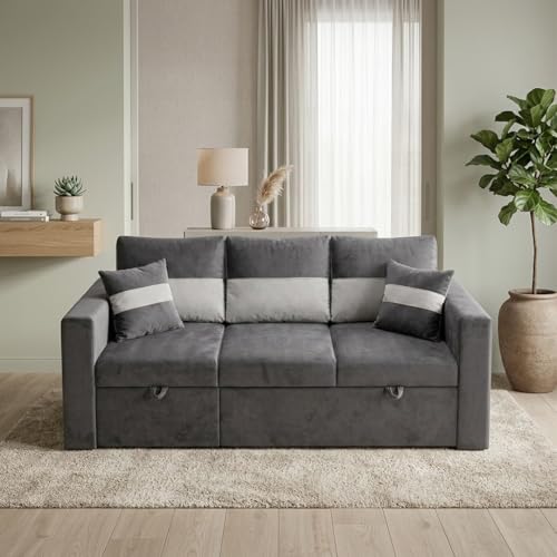 Image of FURNY Soria 4 Seater LHS Lounger Sofa Cum Bed (Light Gray - Dark Gray) with Pull-Out Function | Luxury Velvet Suede Finish | Durable Comfort | Ideal for Living Room
