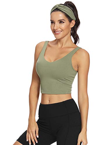 Hiverlay Sports Bras for Women Crop Tank Top with Build in Bra Gym Padded Yoga Bra Athletic Fitness Workout Running Top Avocado Green L