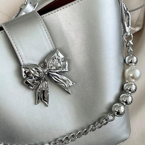Bow Purse 2 Pcs Bow Purse with Pearl Mini Top Handle Bucket Bag Pearl Chain Crossbody Shoulder Bags Trendy Gift3