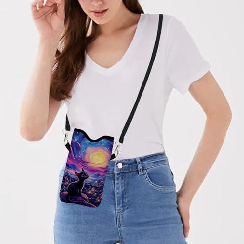 Image of Neoprene Cell Phone Sleeve Pouch Case Bag with Crossbody Strap Neck Lanyard for Women 7.1 X 3.9 in Cat Sky