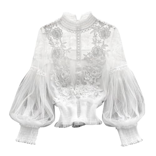Bluse Weinrot Sense of Design DREI Blumen durchsichtiges Mesh-Ballonärmel-Slim-Crop-Top für Damen mit Spitzen-Basisschicht Pack Set (White, One Size)
