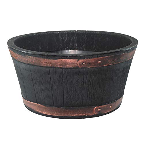 simpa Oakwood Rustic Style Plastic Black Barrel Planter Pot - Single Pot - 25cm (H) x 49.5 (Dia) - Ideal for Indoor & Outdoor Use.