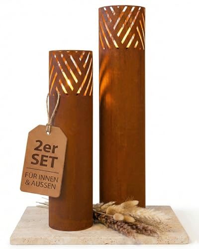 BENTSON Windlichtsäule I 2er Set I Deko-Säule für Garten im Rost Industrial Design I Garten Windlicht für draußen und drinnen I Rost Laterne inklusive Kerzen I Streifen I 95cm + 75cm