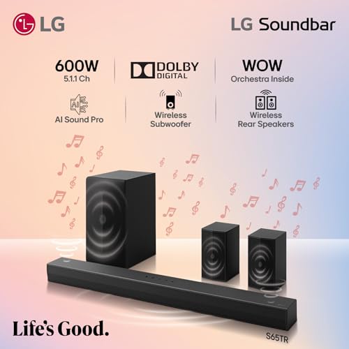 LG S65TR 600W 5.1 Channel Dolby Digital, Wireless Subwoofer & Rear Speaker with Built-in Receiver, AI Sound Pro Home Theater Soundbar with HDMI, USB & Bluetooth Connectivity (Black) view 2