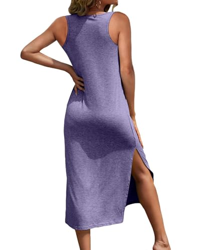 Image of Dyexces Women Summer T Shirt Dress Casual Short Sleeve V Neck Maxi Dresses Loose Side Slit Long Tshirt Dress with Pockets
