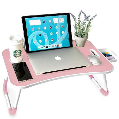 unycos - Bandeja para Cama, Mesa Plegable de Desayuno, Multiusos, Ideal para Portátil, Ordenador y Libros, Ergonómica, Mesa Auxiliar con Atril para Leer en la Cama 60x40x26 cm (Rosa con Cajón)