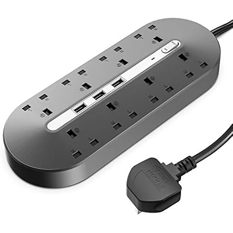 Extension Power Socket with USB Ports,MiiKARE Plug Sockets with 8 Way Extension Lead 2 Meters Cord 3 USB Ports Standard UK Socket,Power Strip 3000W 13A With Overload Protection-Grey Cover
