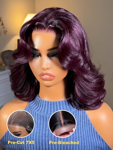 Image of Sunber Black Cherry Body Wave Bob Wig Human Hair Pre Cut 7x5 Glueless Lace Front Drawstring Wig with Curtain Bangs Natural Hairline Bye Bye Knots Pre Plucked Put and Go Wig for Women 14Inch