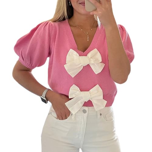 Womens Short Puff Sleeve Cropped Knit Sweater Tops V Neck Double Bow Tie Solid Color Casual Pullover Sweater