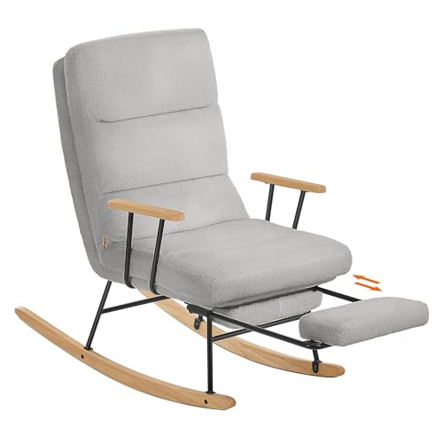 SONGMICS HOME Schaukelstuhl, Füße aus Kautschukholz, Schaukelsessel, Fleece Oberfläche, 4-Fach verstellbare Rückenlehne, bis 160 kg belastbar, für Schlafzimmer, Wohnzimmer, Taubengrau LYY016GD01