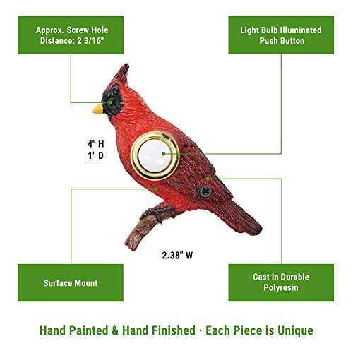Waterwood Hand Painted Cardinal Doorbell - Wired & Illuminated Push Button Cast in Durable Polyresin
