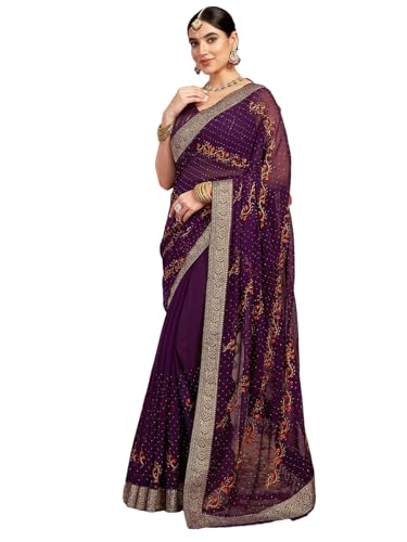 Image of Satrani Women's Georgette Embroidery & Stone Work Saree with Unstitched Blouse Piece