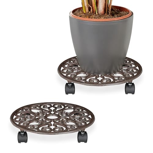 Relaxdays Pflanzenroller, 2er Set, rund, antikes Design, Gusseisen, HxD: 7,5x34 cm, innen & außen, Blumenroller, braun