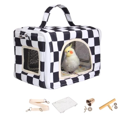 Copfeu Bird Travel Carrier with Perch Parakeet Carriers with Net, Pad Mat, Feeder Portable Pet Carrier Bag for Bird Transparent Travel Carrier Cage for Budgie Conure Cockatiel (Black and White)