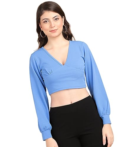 Image of POPWINGS Women Casual Self Design Rust Deep V Neck Full Sleeve Crop Top | Women Tops | Women Regular Tops | Women Tops | Women Stylish Tops