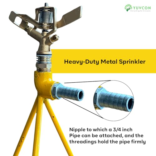 Image of YUVCON Sprinkler with Stand, 360 Degree Rotating Brass Sprinkler with 3 /4 inch Nipple for Pipe Attachment, Iron Metal Circular Base Stand, High Impact Water Sprinkler for Gardening & Agriculture