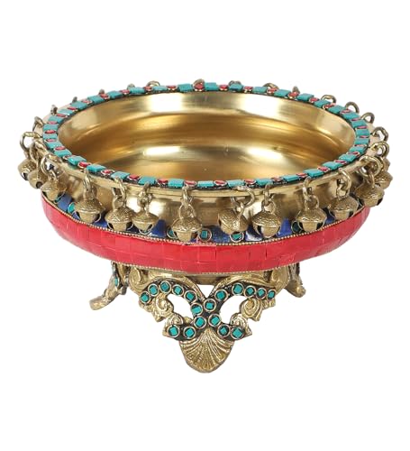 Amazon Brand - Umi Gemstone Work Brass Urli Bowl with Ethnic Carv...