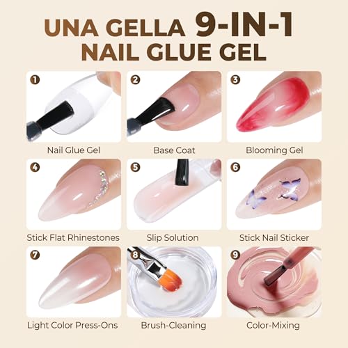 Image of UNA GELLA 9 in 1 Gel Nail Glue for Clear Acrylic Nails Tips 2Pcs 10ml Long Lasting Super Strong Brush on Nail Gel Glue for False Press on Nails Tips Base Blooming Gel, U V Light Required
