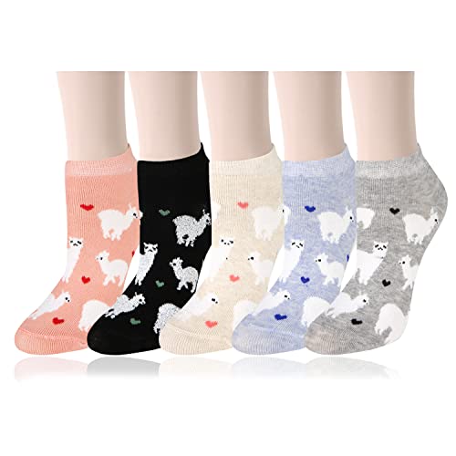 Girls Ankle Socks Womens Silly Fun Cartoon Llama Low Cut Anklets 5 Pack-Alpaca