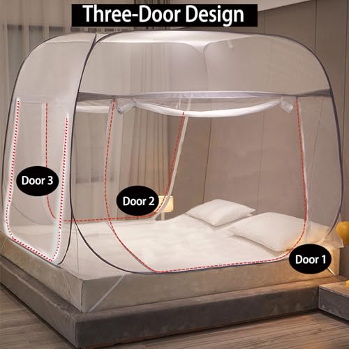 Image of CMINGJ Mosquito Net for Bed 3 Door, Portable pop up Mosquito Netting with Bottom, Free Installation-Suitable for Bedroom, Camping, Folding Portable Design for Baby Adults (Gray (3 Door))