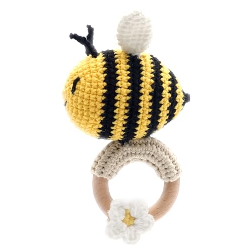 Image of DICHA Crochet Bee Baby Rattle - Sensory Toy for Babies - Ideal for Baby Shower - Includes Beech Teething Ring