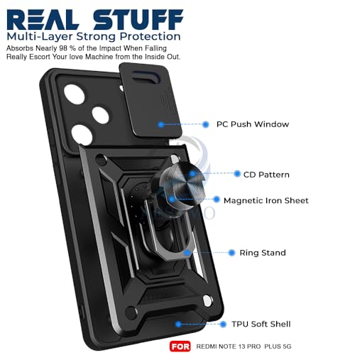 Image of AESTMO Tough Armor Redmi Note 13 Pro Plus 5G Bumper Back Case Cover | Ring Holder & Sliding Camera Shield Cover | 360 Degree Protection Back Case Cover for Redmi Note 13 Pro Plus 5G (Black)