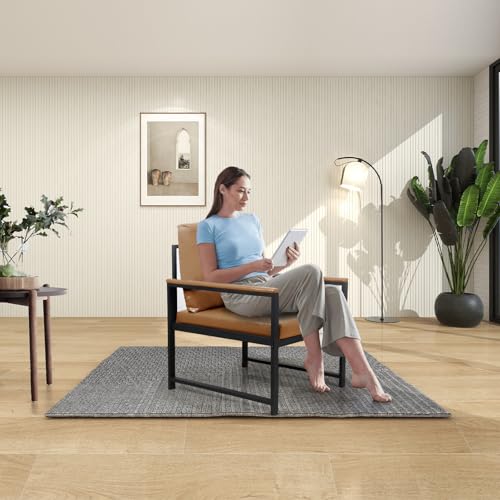 Modern Accent Arm Chair with PU Leather Upholstery, Thick Padded Backrest and Seat Cushion, Comfortable Metal Armrest, Non-Slip Feet, for Living Room, Bedroom, Office Lounge Reception Area (Camel) - Thumbnail 7