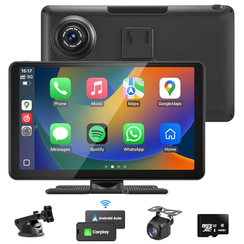 Compatible Wireless Apple CarPlay Android Auto Screen for Car, 2K Dash Camera 9 Inch 1080P Touch Screen Stereo Bluetooth Portable GPS Navigation Vedio Player Mirror Link, Airplay, Siri, Voice Control