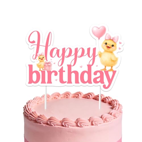 Duck Happy Birthday Cake Topper Pink Bow Duck Themed Cake Pick Cute Farm Animal Party Decorations for Girls 1st 2nd 3rd Birthday Party Supplies