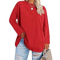 Camisetas femininas plus size de manga comprida e gola redonda, tamanho grande, túnica casual solta, Vermelho, X-Large Plus