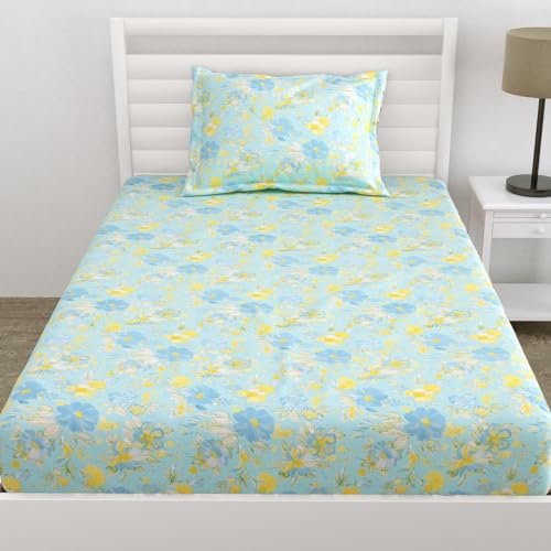 Image of haus & kinder 100% Cotton Single Bedsheet with 1 Pillow Cover | 120 TC Kids Single Bedshet | Size 88 inch by 58 inch | Blue Bell Blooms