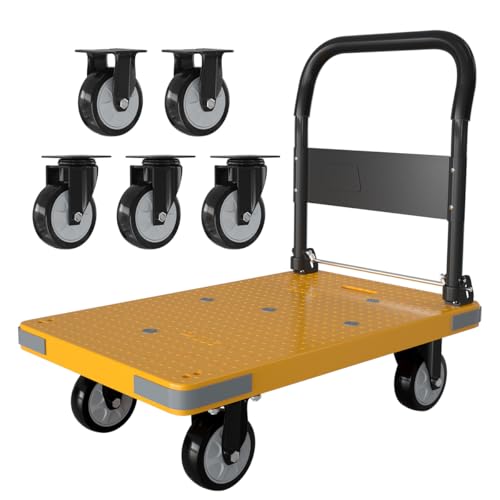 WUD Push Cart, Folding Mobile Platform Trolley,Thickened and Reinforced, 360° Swivel Wheels,28.3 “L x 18.9 ”W, 440 lb. Yellow Dolly cart with Wheels