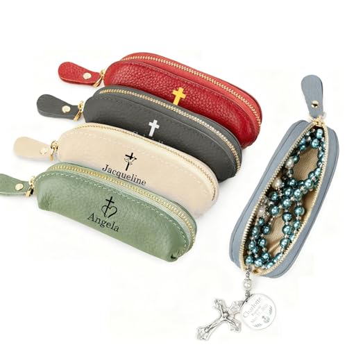 Estuche para rosario personalizado con cremallera, de cuero, con nombre personalizado y cruz multicolor. Pequeño estuche de viaje para rosario, monedero, regalo para mujeres, madres cristianas y catól Estuche para rosario personalizado con cremallera, de cuero, con nombre personalizado y cruz multicolor. Pequeño estuche de viaje para rosario, monedero, regalo para mujeres, madres cristianas y catól