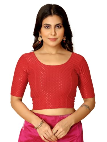 Image of Amazon Brand - Anarva Round Neck Dobby Cotton Lycra Stretchable Elbow Half Sleeve Readymade Saree Blouse for Women Stylish