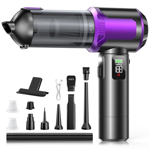 Aspirador de Mano, 17000Pa Aspirador Sin Cable, Descarga de Polvo con un Solo Toque, 3 Niveles Motor Sin Escobillas 4 en 1 Aspirador Coche con Pantalla HD/Iluminación LED/Carga Rápida, Negro & Morado