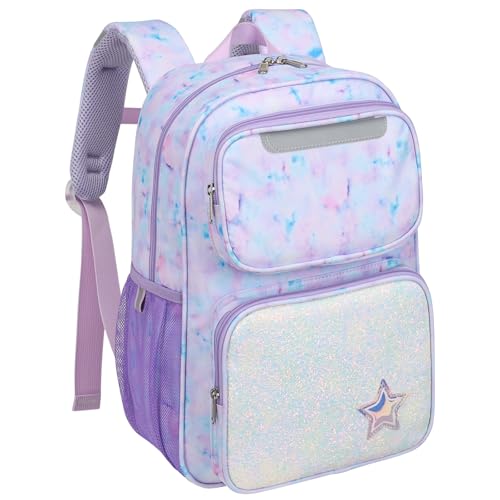 Bagseri Kinder Rucksack für Mädchen - 15L Rucksack für Kinder 5 bis 8, Kindergarten Vorschule Buchtasche 1st 2nd Grade Mädchen Rucksack mit isolierter Tasche und reflektierendem Streifen, lila Tie-dye