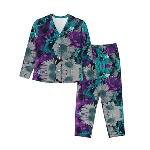 Pyjama 2 pièces imprimé fleurs violettes et bleu sarcelle pour femme