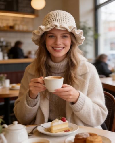 Image of Women Crochet Bucket Hat Cute Winter Ruffled Brim Floppy Cap Handmade Knit Cloche Hats