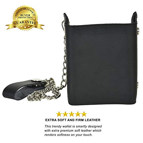 Trifold Biker's Large Wallet ID Card Holder With Chain Genuine Leather2