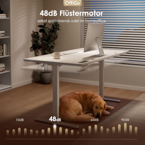 OffiGo Höhenverstellbarer Schreibtisch, 160x80cm Elektrischer Schreibtisch mit Steckdosen und USB Ladeanschluss, Tisch Höhenverstellbar mit 2 Memory Funktion, Computertisch für Büro, Zuhause, Weiß