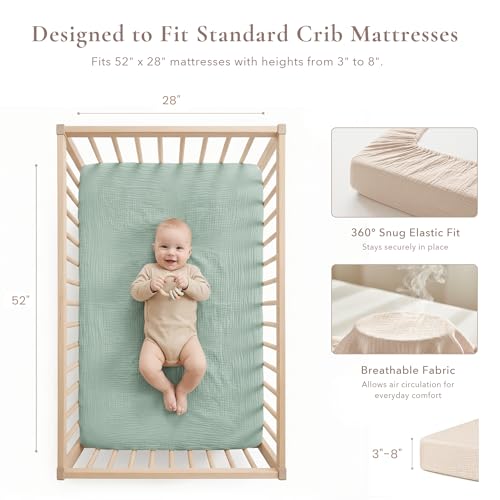 Image of Konssy Muslin Crib Sheets for Girl Boy, 2 PCS Soft and Breathable Cotton Baby Sheets for Standard Crib Mattress, 52 inchx 28 inch (Green, Cream)