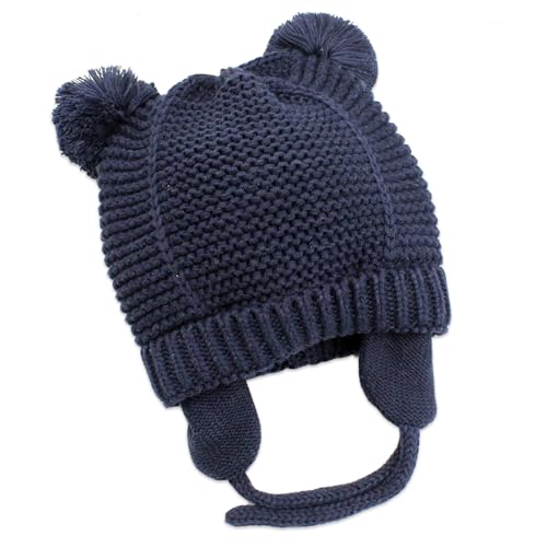 Exemaba Baby Girls Beanie Earflaps Hat - Infant Toddler Kids Soft Warm Knit Winter Hat with Fleece Lining (Dark Blue,L)