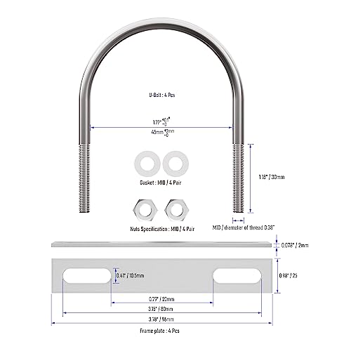Image of 4 Sets 304 Stainless Steel Round Bend U-Bolts 1.77 inch(45mm) Inner Width 2.99 inch(76mm) Length M10 with Nuts, Frame Plate, Washers, Accessories for Boat Trailer Axle Sailboat Trailer